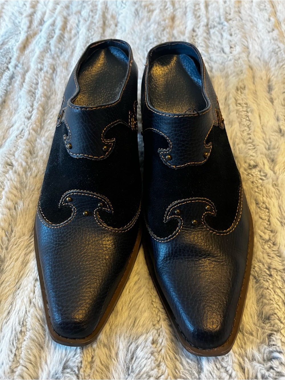 Women’s Navy Heeled Mules with Decorative Stitching